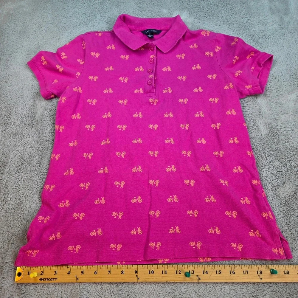 Lands End Polo Shirt Womens XS Bicycle Print Classic Fit Pique Knit Pink Magenta